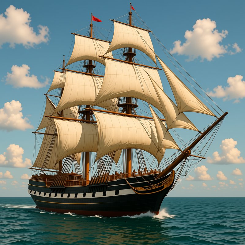 Historic tall sailing ship with billowing cream sails glides across turquoise ocean under a brigh...