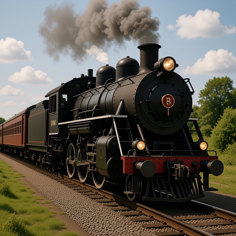 Vintage black steam locomotive billowing smoke travels along a rural railway on a bright sunny countryside day