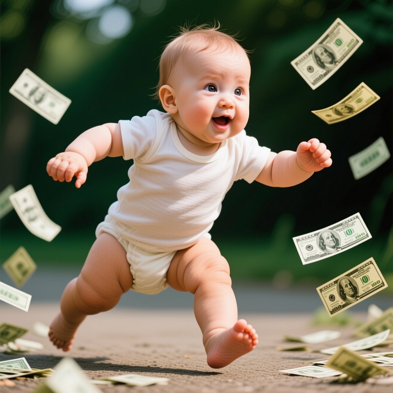 Joyful excited baby appears to step mid-air as US hundred dollar bills fall all around them outdo...