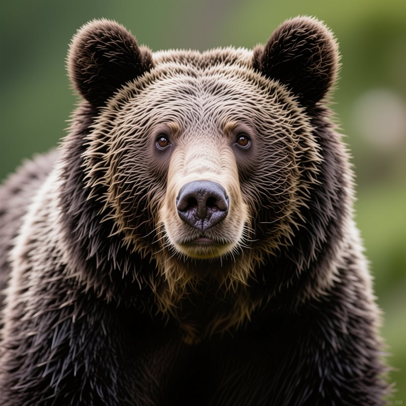 [Close-up portrait of a brown bear staring directly at the camera, set against a blurred green forest background]