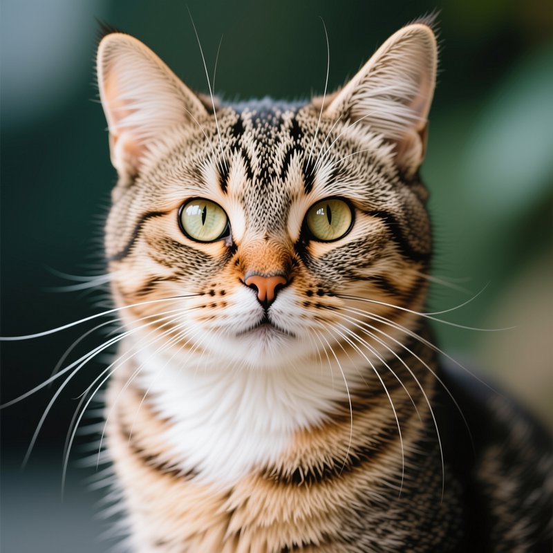 Close-up portrait of an alert tabby cat with pale green eyes, long whiskers, and soft striped fur...