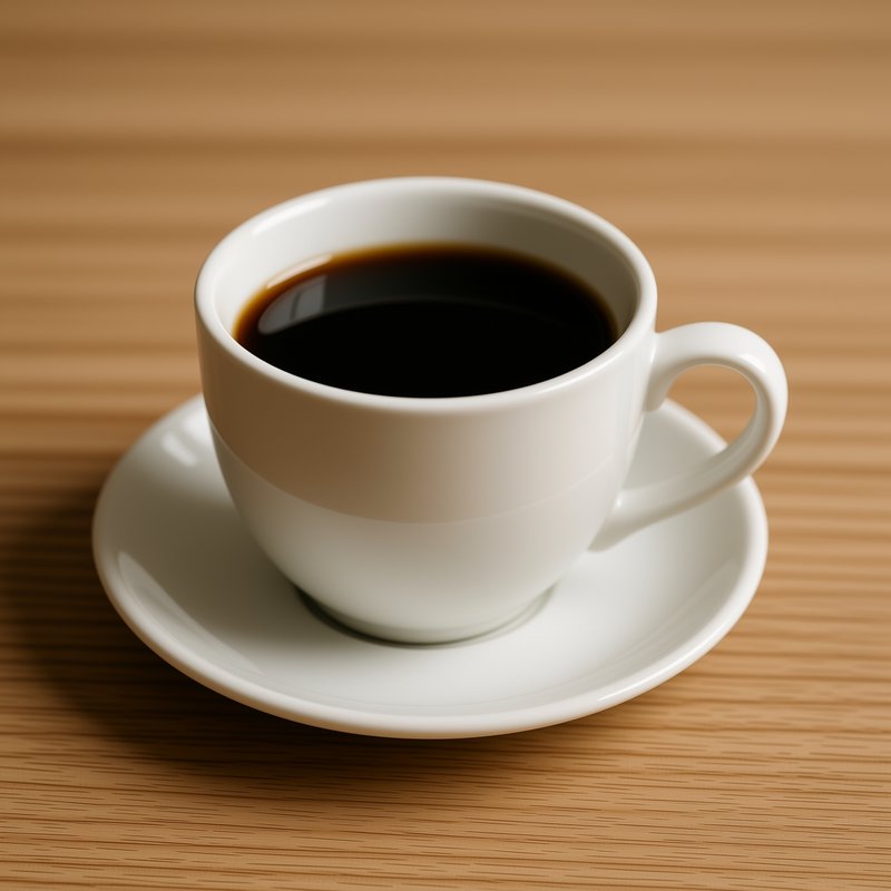 Glossy white ceramic coffee cup filled with black coffee, resting on a matching saucer atop a lig...