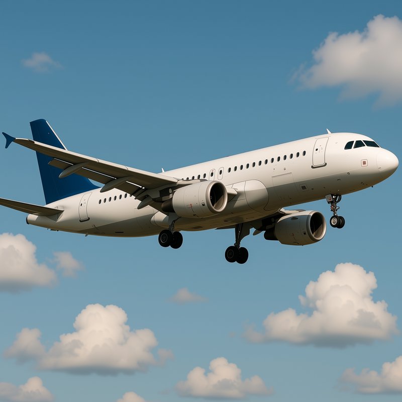 [White commercial passenger jet with blue tail, landing gear extended, flying against a bright blue sky with fluffy clouds]