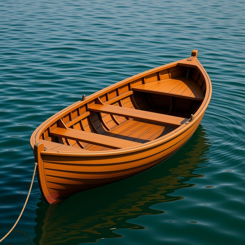 Polished warm wooden rowboat floating on calm rippling teal water, moored with a rope at its bow