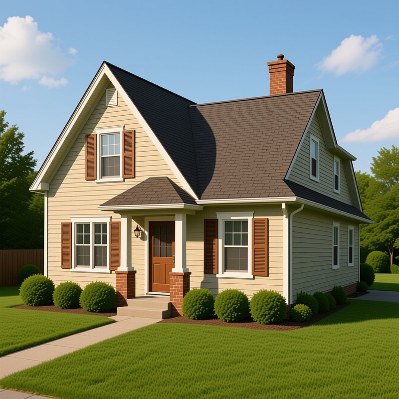 3D render of a charming cape cod suburban home with cream siding, brown shutters, neat green lawn...