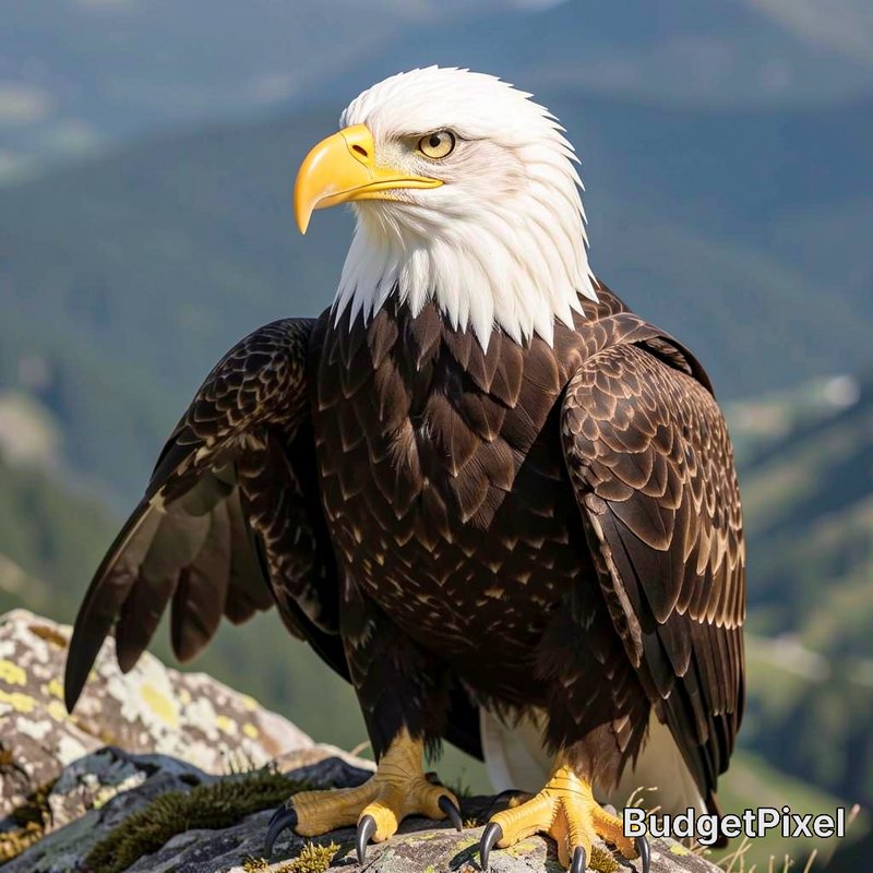 Majestic bald eagle perched on a mossy mountain rock, overlooking blurred forested ranges in bright daylight
