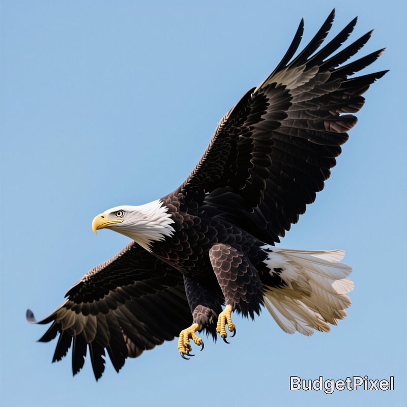 [Majestic bald eagle mid-flight with outstretched wings against a clear pale blue sky]