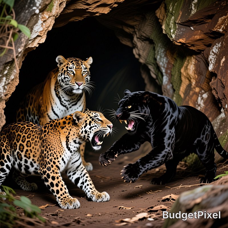 Confrontation between snarling jaguar, aggressive black panther, and observing tiger inside a rocky jungle cave.