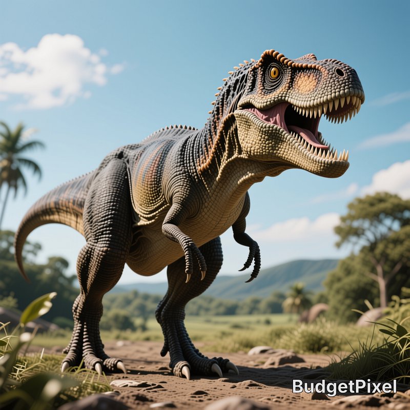 Roaring scaled Tyrannosaurus rex standing in a sunlit prehistoric savanna under a bright blue sky