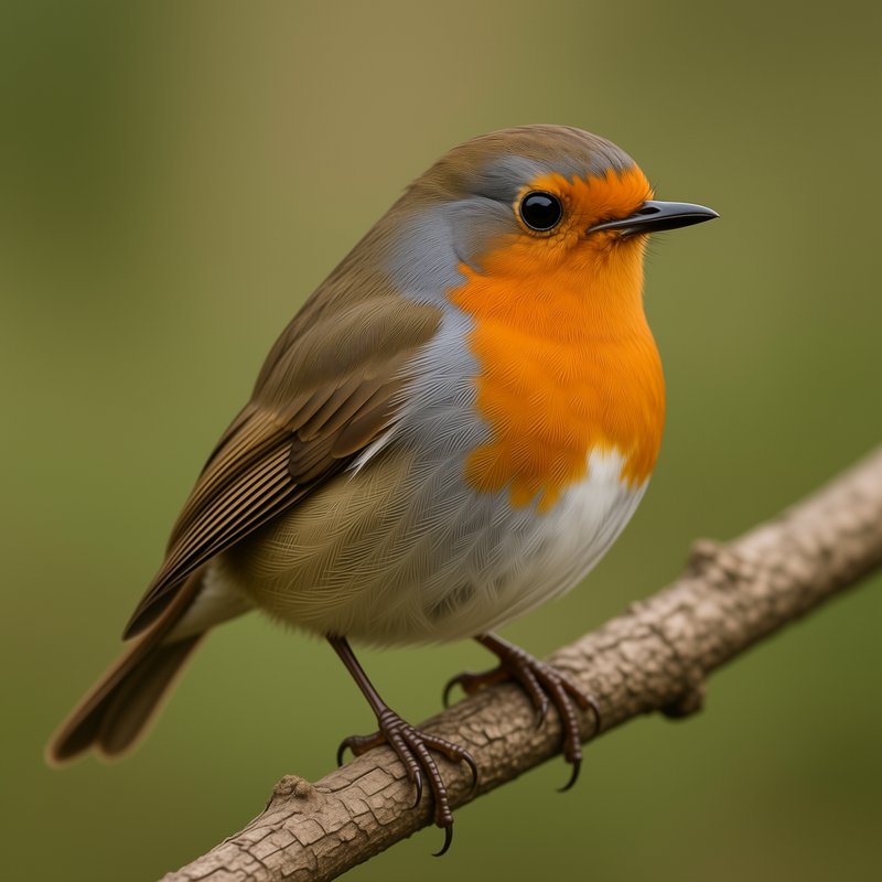 Close-up of a vibrant orange-breasted European robin perched on a textured branch against soft blurred green foliage