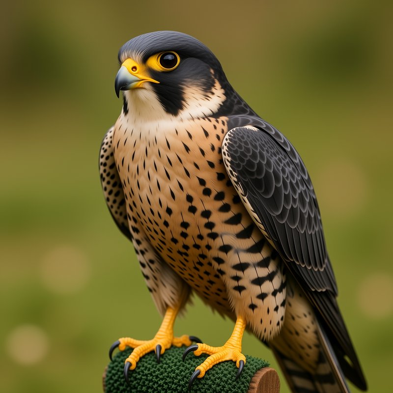 Close-up portrait of a peregrine falcon perched on a padded falconry stand, with a soft blurred green outdoor background