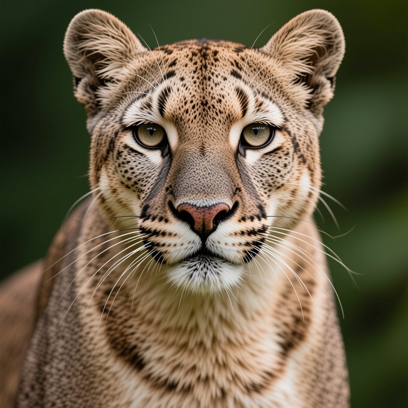 Close-up front portrait of a spotted big cat gazing directly at the camera against a blurred green foliage background.