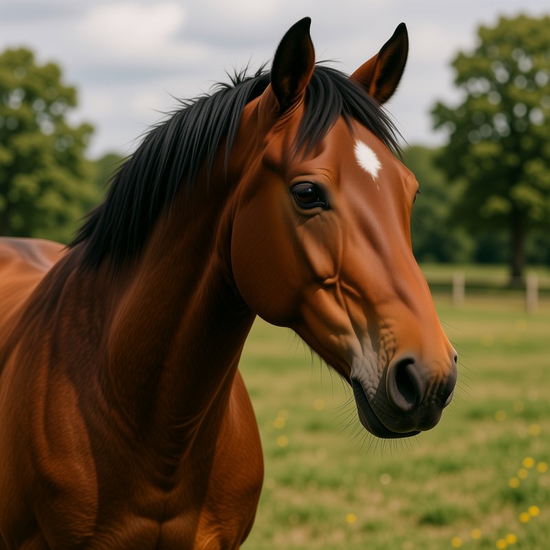 Close-up portrait of a sleek bay chestnut horse with a black mane and white forehead star standing in a green pasture.