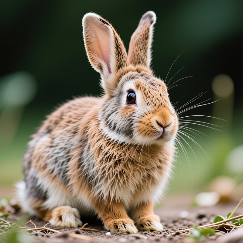 [Alert fluffy brown and gray cottontail rabbit sits on dirt, soft blurred green bokeh natural background]