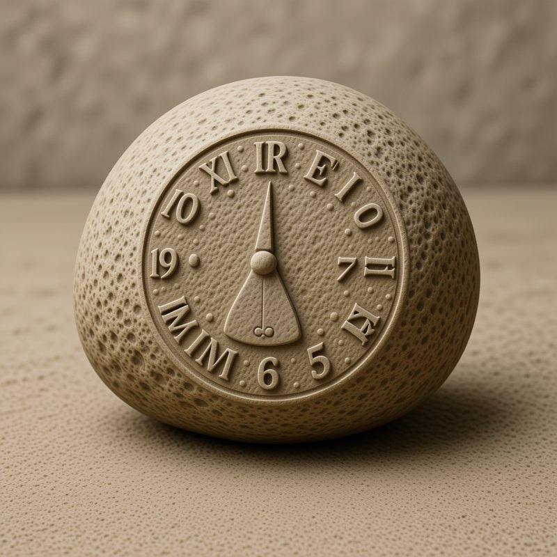 [Surreal porous sandstone spherical clock with distorted typography resting on a matching beige textured surface]