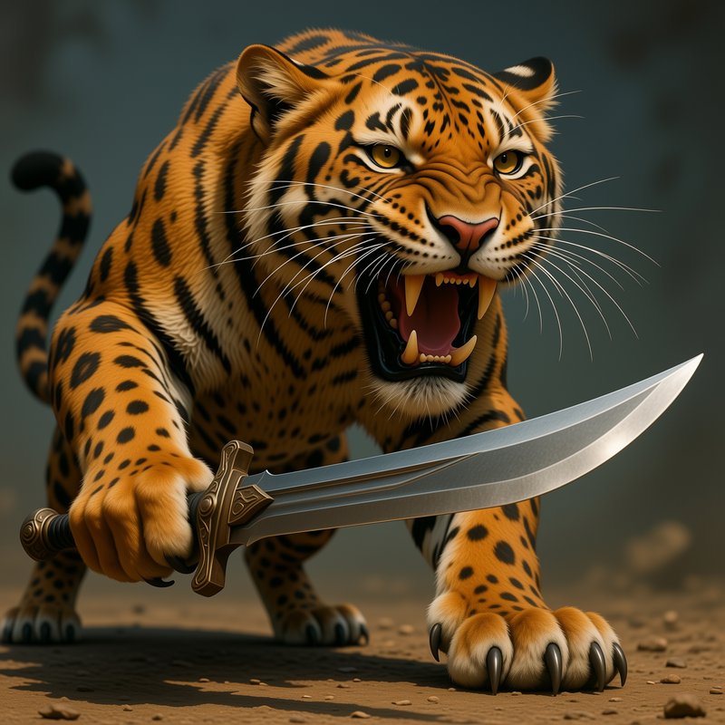 Fierce snarling tiger-jaguar hybrid warrior holding an ornate steel sword in an aggressive combat...