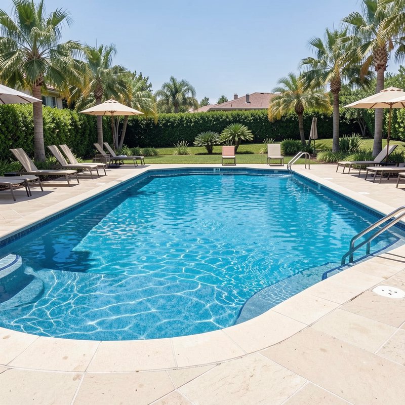 Curved inground residential swimming pool with travertine patio, lounge chairs, palm trees on a b...