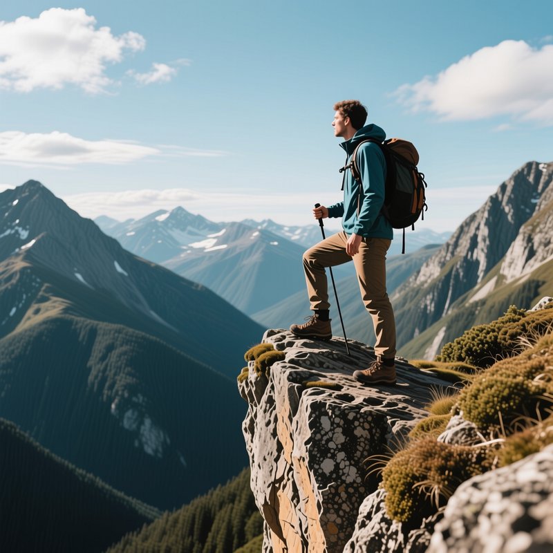 A male hiker with backpack and trekking pole stands on a rocky cliff overlooking a snow-dusted alpine mountain range on a ...