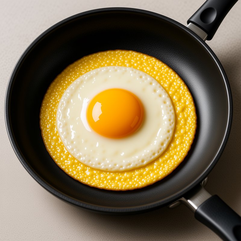 Top-down view of a surreal concentric stacked fried egg cooking inside a black nonstick frying pan