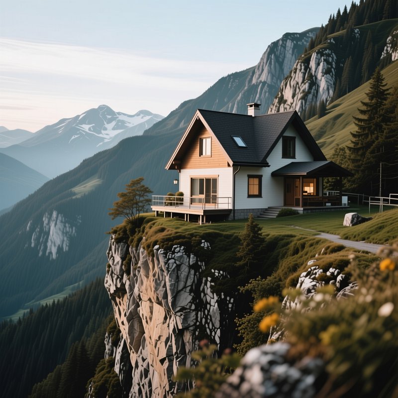 Cozy modern alpine cabin perched on a rocky grassy cliff overlooking snow-capped mountain ranges ...