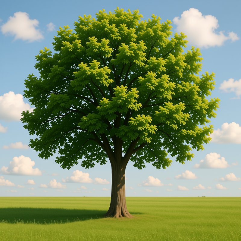 [3D rendered lone lush green broadleaf tree standing in a sunlit grassy meadow under a bright blue sky with fluffy white c...