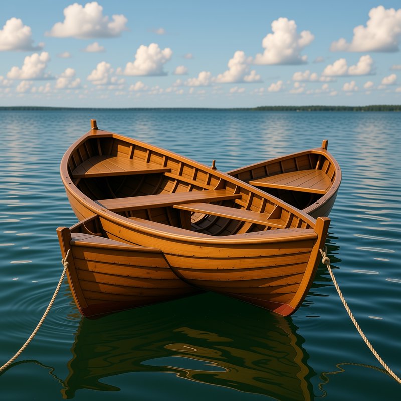 Surreal overlapping polished wooden rowboats float on calm turquoise lake under a bright blue sky...