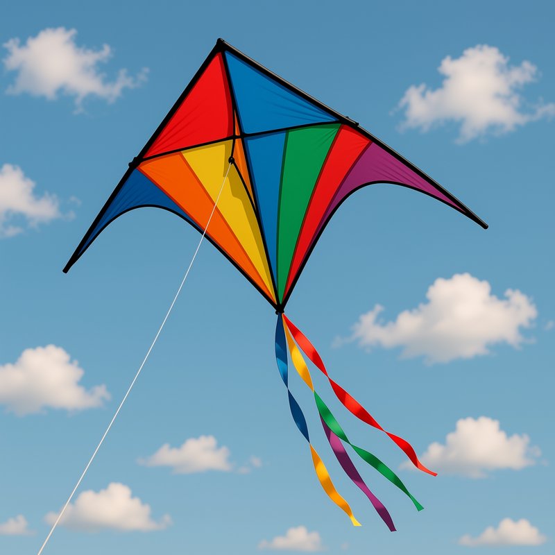 Colorful rainbow striped delta kite with flowing ribbon tails flying against a bright blue sky wi...