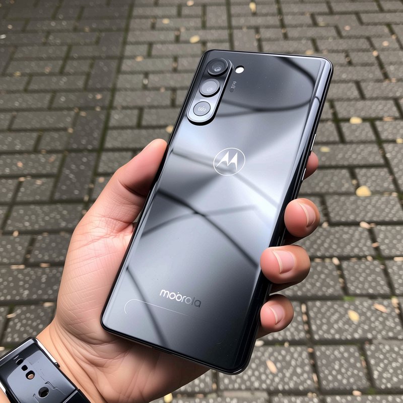 Hand holding a glossy black Motorola smartphone, displaying its rear triple camera module above p...