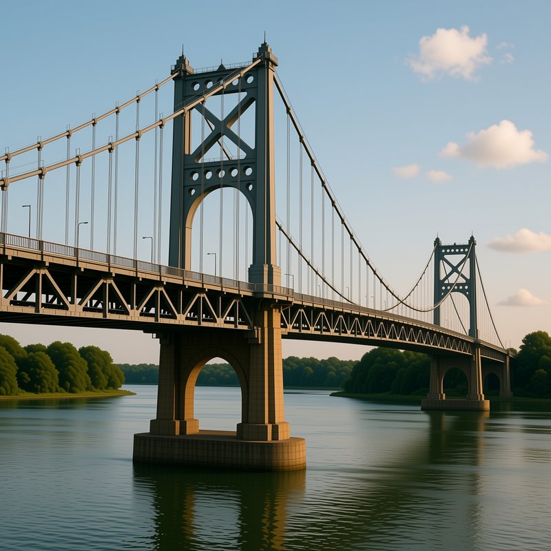 Steel suspension bridge spanning a calm tree-lined river under a sunny golden hour sky with soft ...