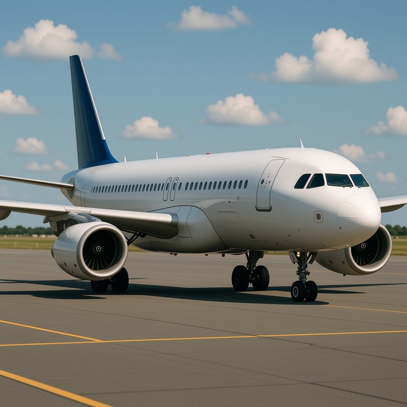White commercial passenger jet with dark blue tail parked on airport tarmac under a bright blue s...