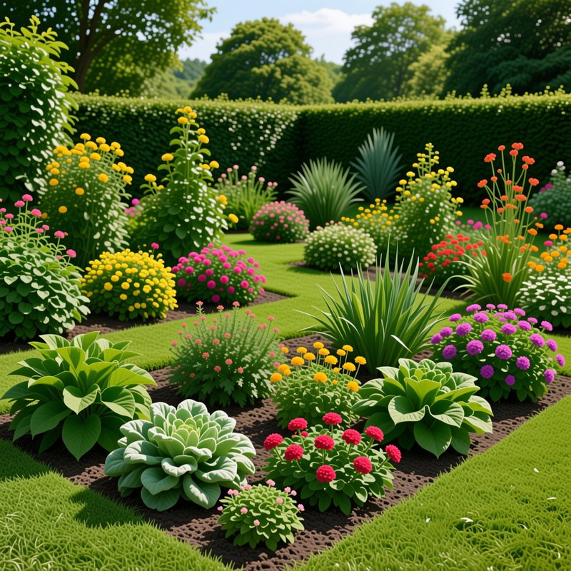 Stylized 3D formal garden with neat geometric flower beds, bright multicolor pom-pom blooms, trim...