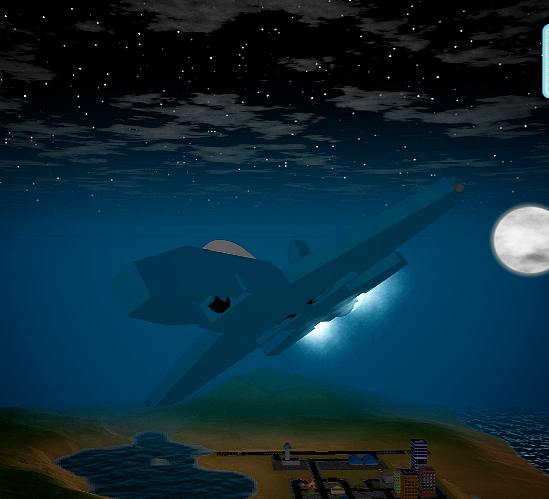 Low-poly futuristic spaceship hovers over a small coastal town under a starry full moon night sky in a video game scene.