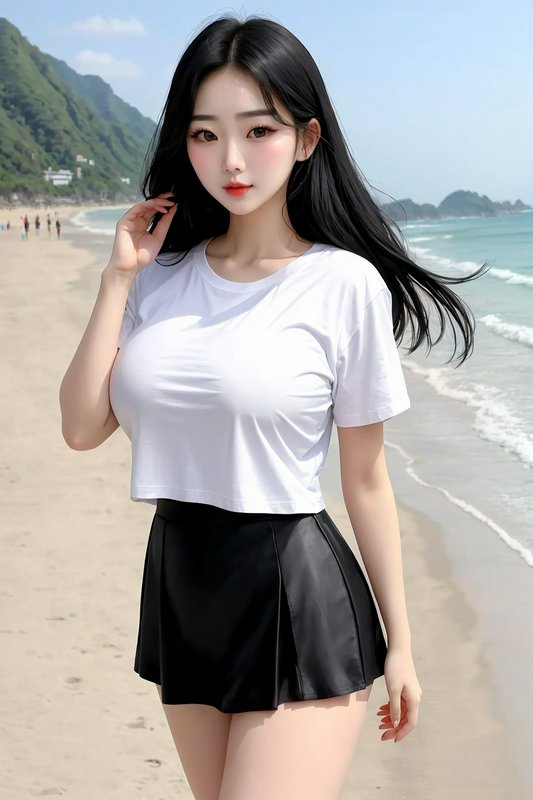 Young East Asian woman with long black hair in casual outfit standing on a sunny sandy ocean beach.