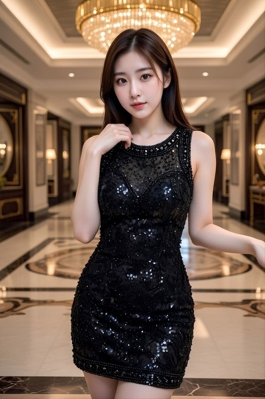 Elegant young woman in a beaded black sequin mini dress posing in a grand luxury hotel hallway un...