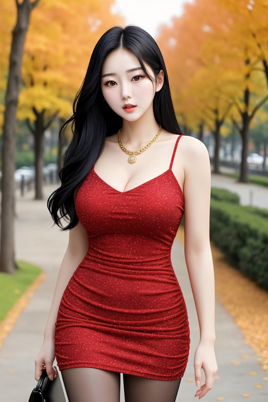 Young elegant East Asian woman in sparkly red bodycon dress standing on an autumn tree-lined park...