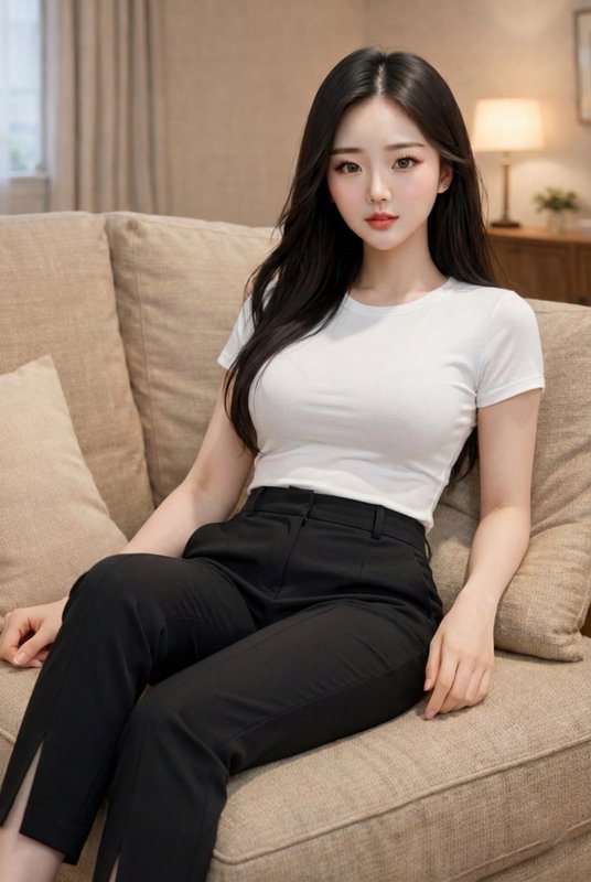 Young East Asian woman with long dark hair sits relaxed on a beige couch in casual home attire