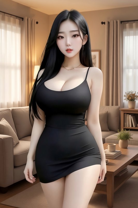 AI generated portrait of young East Asian woman in black mini dress standing in a cozy sunlit liv...