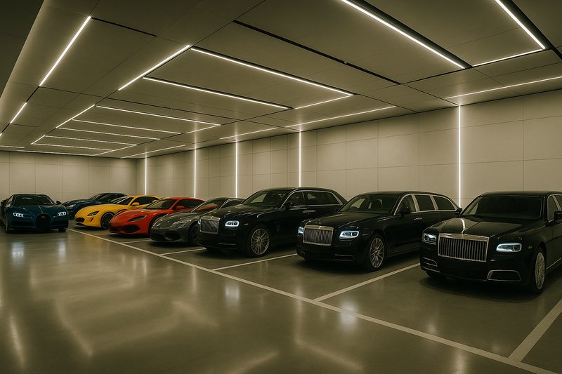 Row of luxury supercars and black Rolls-Royce sedans parked in a sleek modern LED-lit private und...