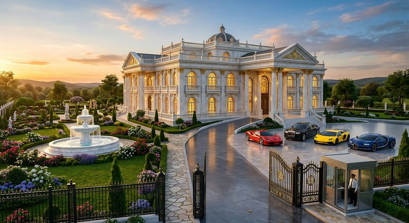 Grand neoclassical marble luxury mansion at sunset, with manicured gardens, a tiered fountain, an...