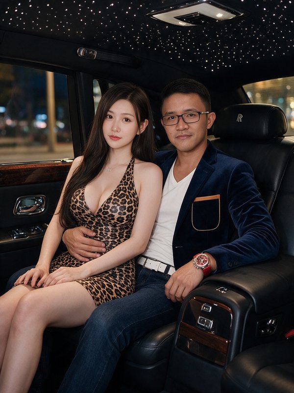 East Asian couple sitting intimately in the starlight headliner rear cabin of a luxury Rolls-Royc...