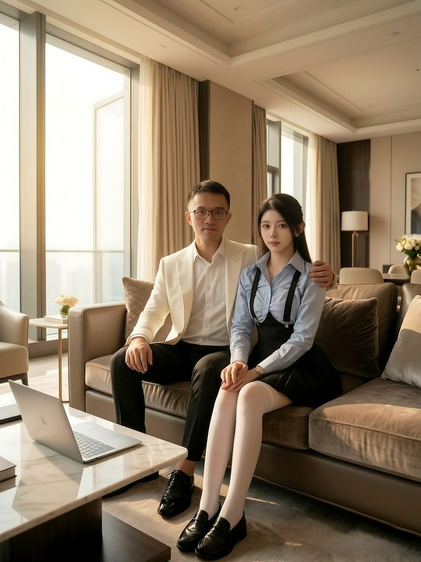 Professional couple seated together on a plush sofa in a sunlit luxury high-rise apartment living...