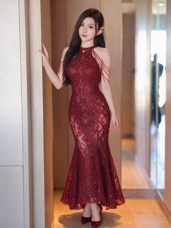 Elegant young woman posing in a sparkling beaded burgundy mermaid evening gown in a warm interior...