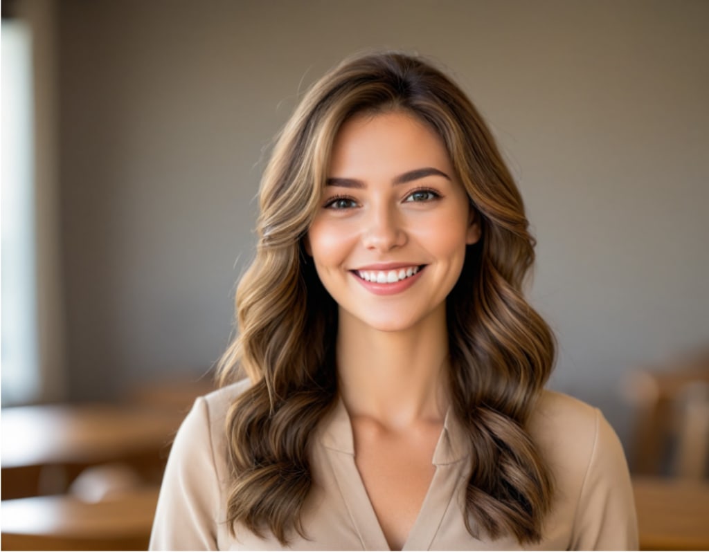 Smiling woman with wavy brown hair in a beige blouse in a bright indoor setting