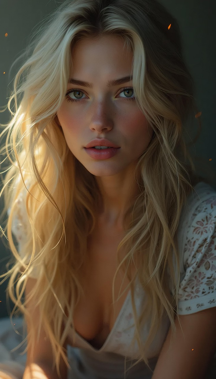 Close-up portrait of a blonde woman with soft lighting and warm bokeh sparks