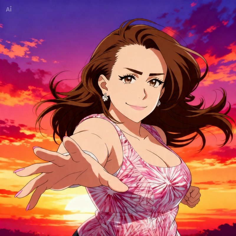 A confident anime-style woman reaches toward the viewer against a vibrant sunset sky.