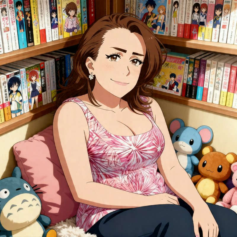 Anime-style woman sits on a pink cushion among manga-filled bookshelves with plush toys nearby.
