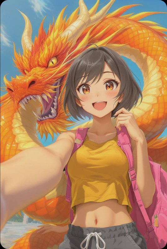Anime girl selfie with an orange dragon behind her on a sunny day