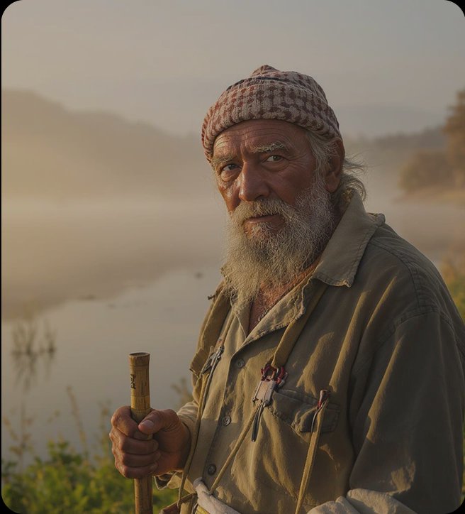 Elderly man with a beard and checkered headscarf holding a wooden staff by a misty river at sunrise.