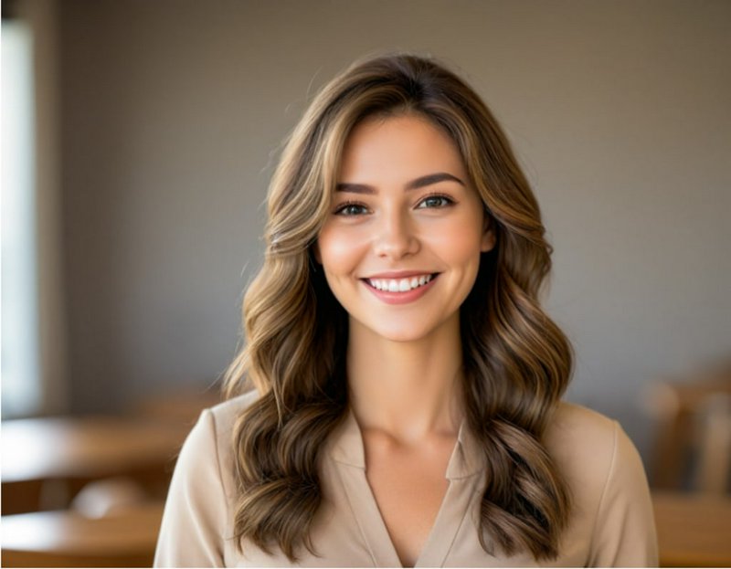 Smiling woman with wavy brown hair in a beige blouse in a bright indoor setting