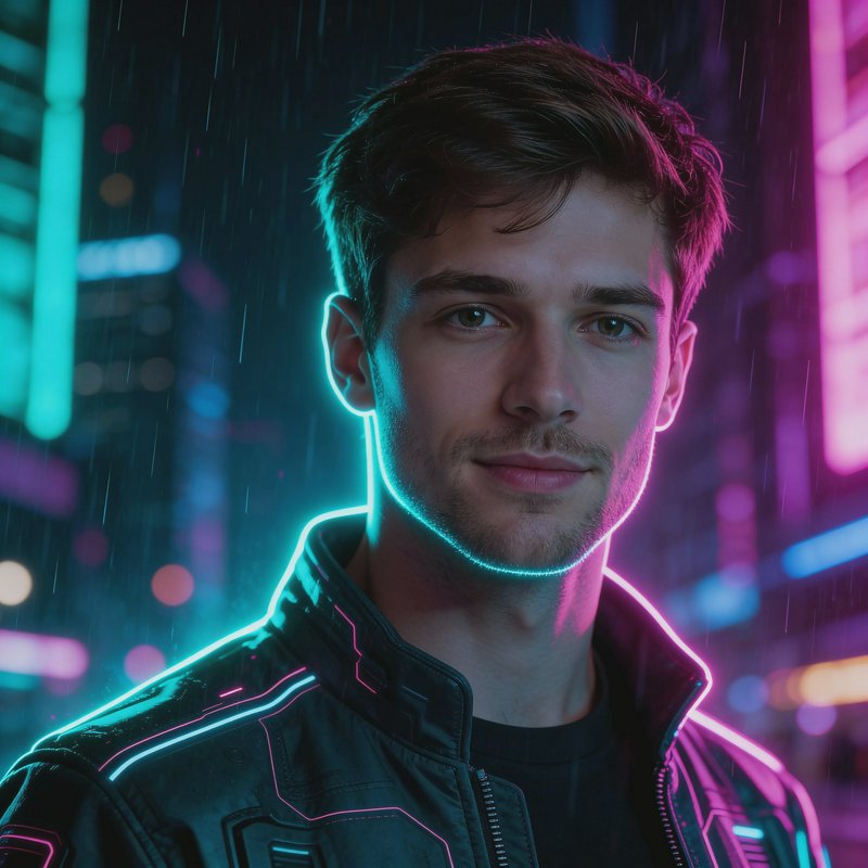 Young man in a neon-lit, rain-soaked city with glowing edge lighting on a jacket.